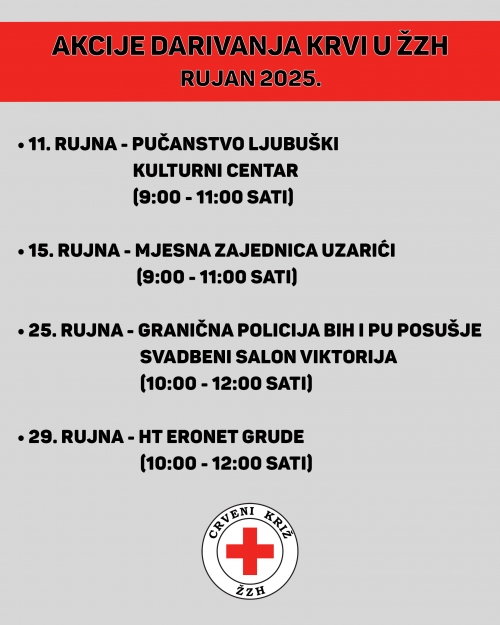 ŽZH: Raspored akcija darivanja krvi u kolovozu